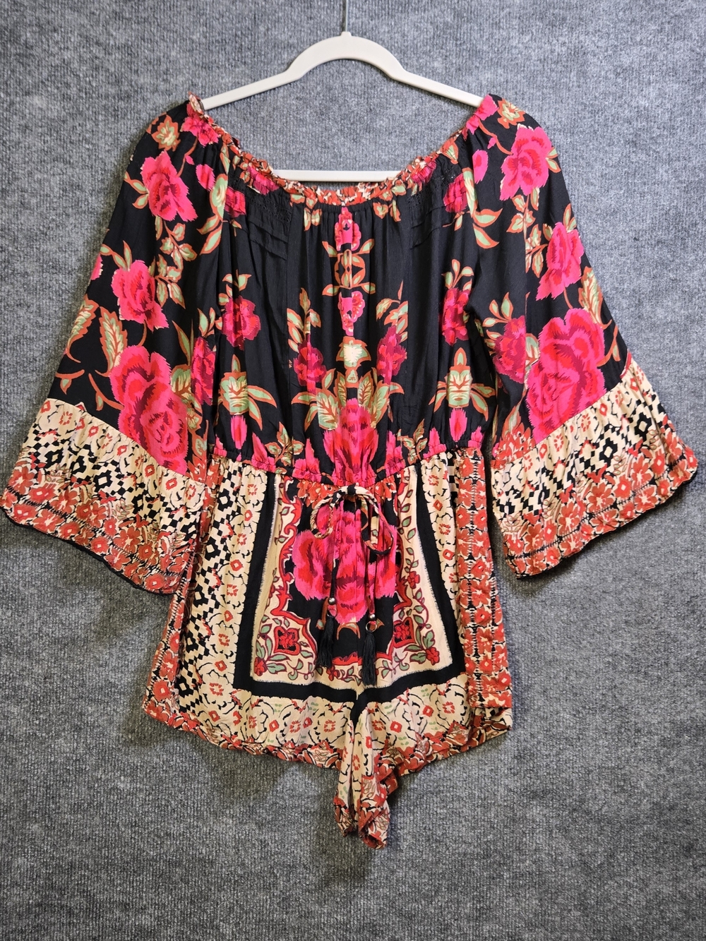 Angie Romper Womens M Black Pink Flowy Flare Sleeve Boho Festival